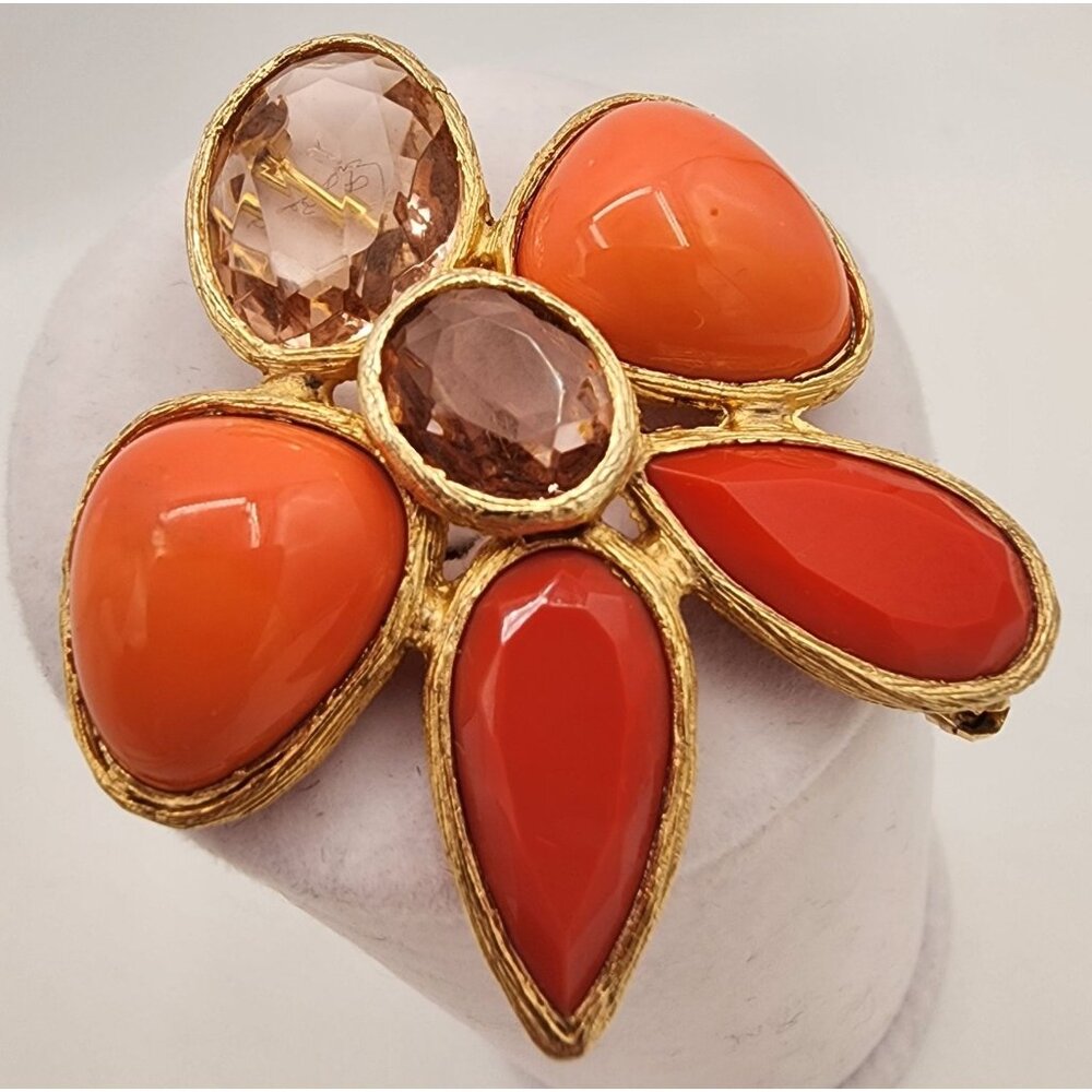 Vintage Gold-Tone Brooch With Peach, Coral and Pink Stones Flower 70s Mod Fall